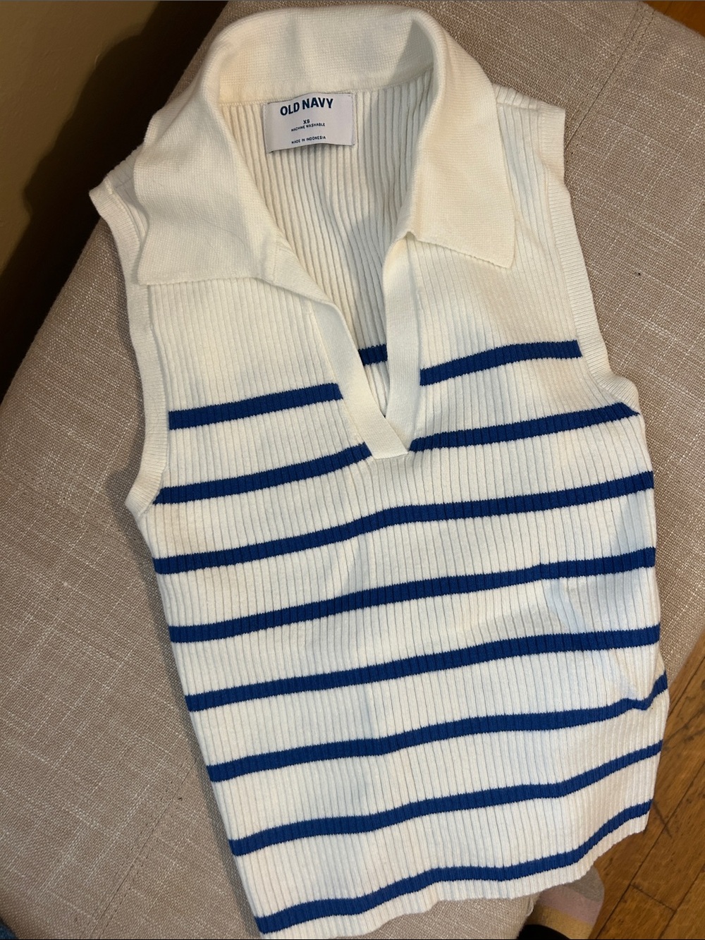 Old Navy White and Blue Striped Sleeveless Polo Tank